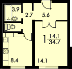 Однокомнатная квартира в доме П3 план